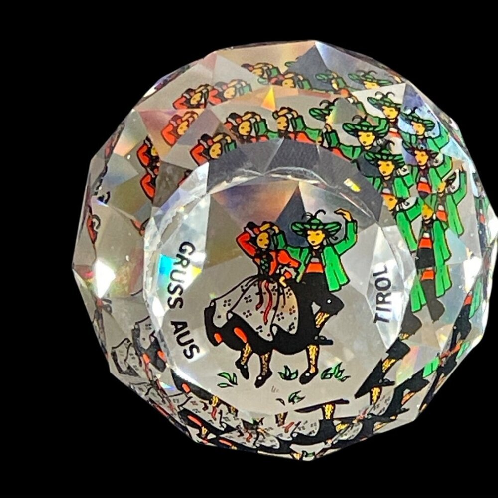 Faceted Crystal Ball Paperweight Traditional Dancing Figures "Gruss Aus‎ Tirol"